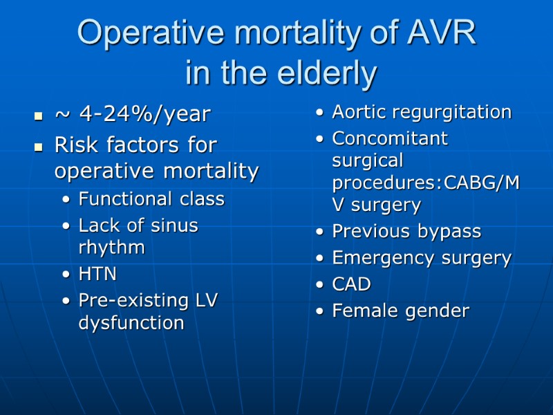 Operative mortality of AVR  in the elderly ~ 4-24%/year Risk factors for operative